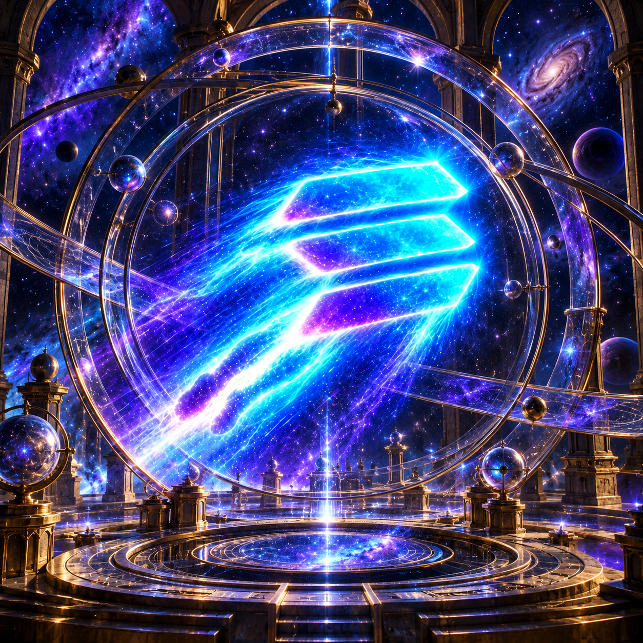 The glowing Solana emblem inside an orbital observatory