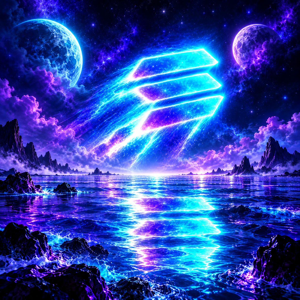 The Solana emblem reflected in a still alien ocean