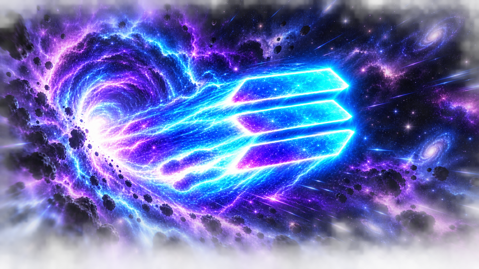 The Solana emblem launching through a violet cosmic gateway