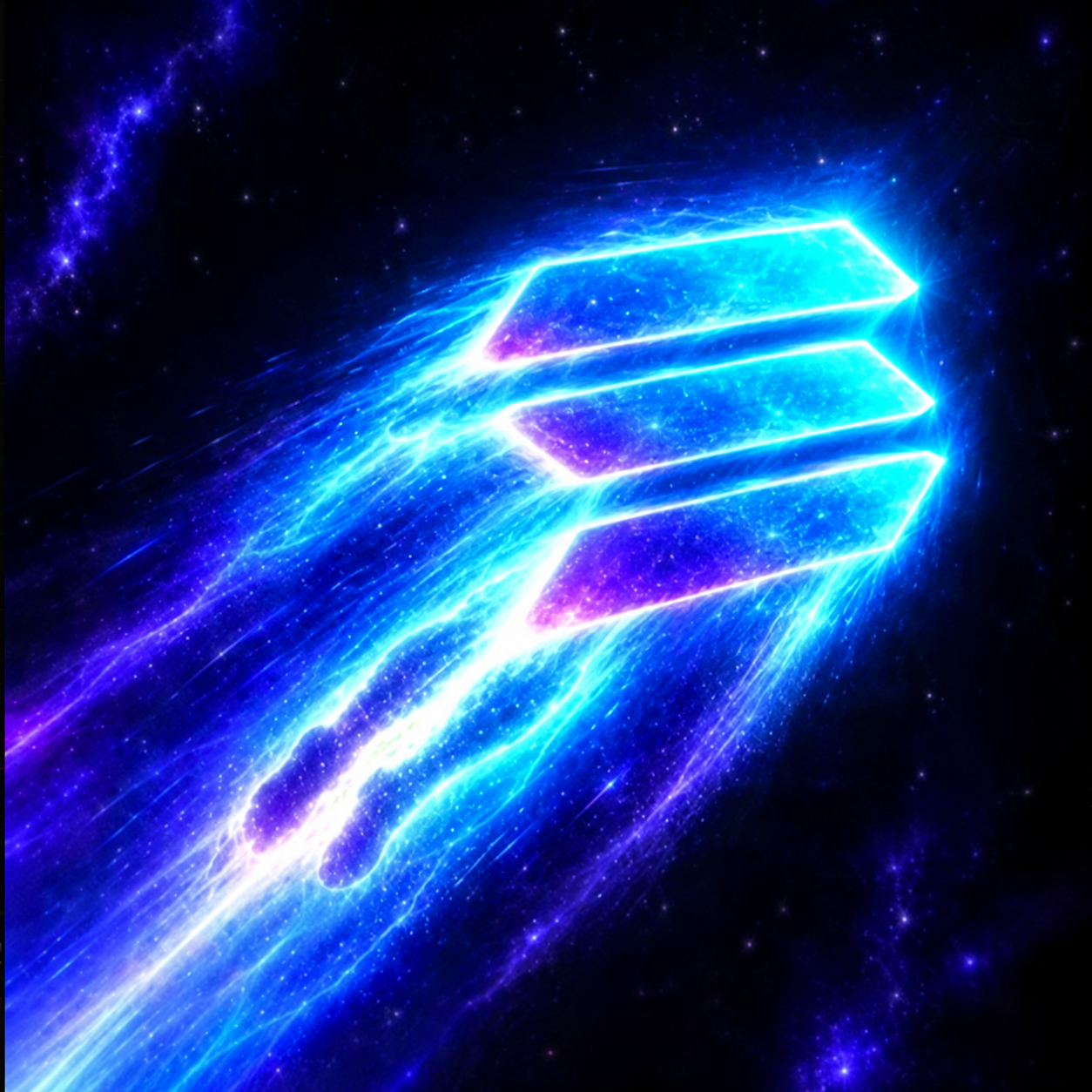 Electric cyan and violet Solana emblem streaking through deep space